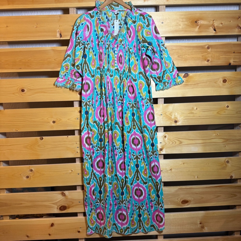 At Last Maxi Dress Womens 12 Colorful Ikat Cotton Fringed V-Neck Resortwear Art